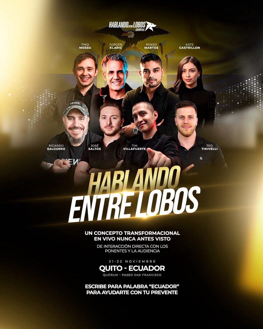 Póster oficial de Hablando Entre Lobos Quito 2026 con Tino Mossu, Jürgen Klarić, Renzo Martos, Kate Castrillón, Ricardo Salguero, José Saltos, Tim Villafuerte y Teo Tinivelli
